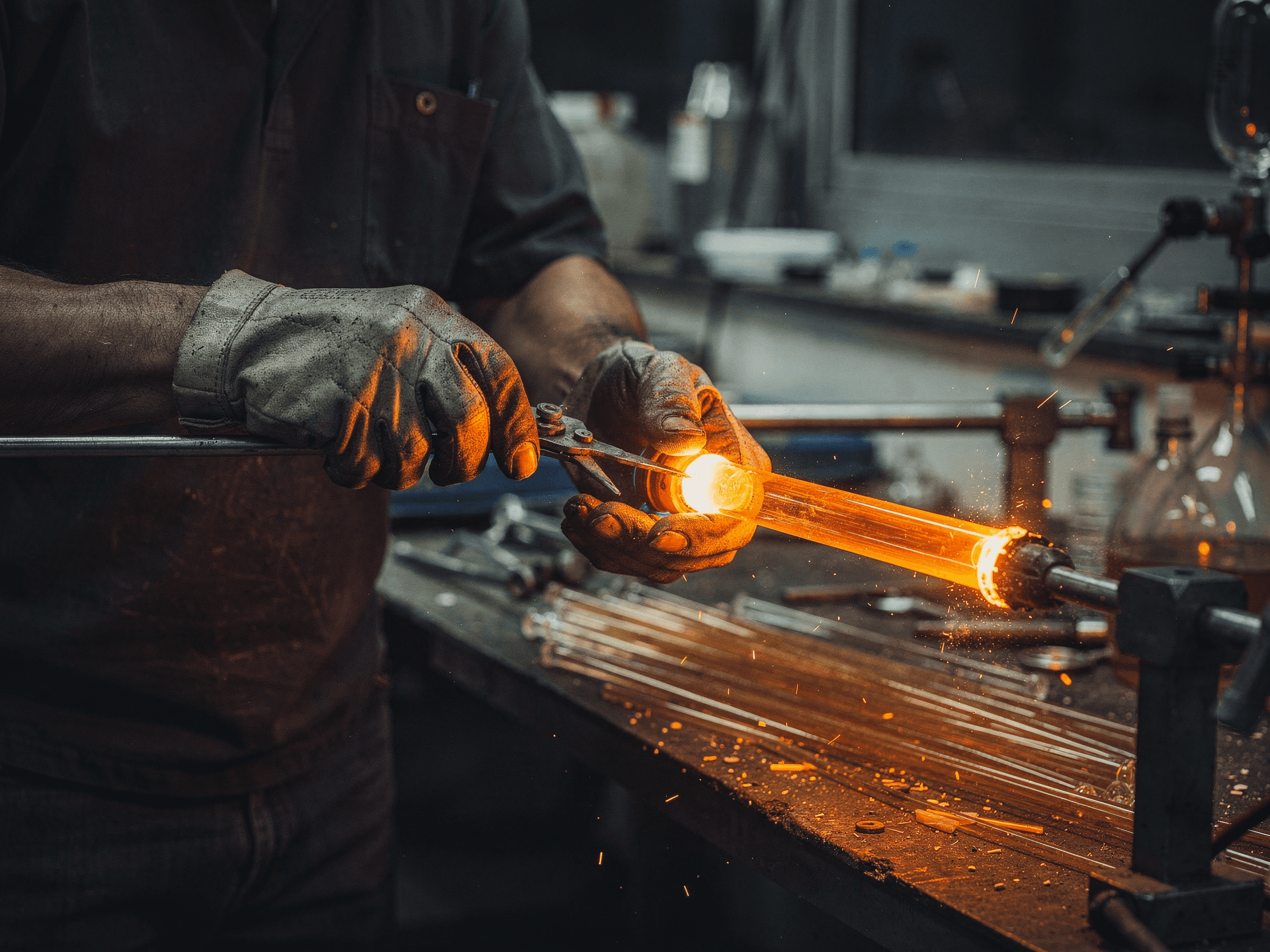 Master glassblower shaping scientific apparatus